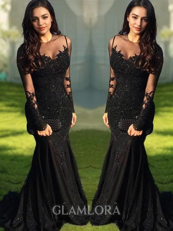 Flattering Trumpet/Mermaid Sheer Neck Long Sleeves Sweep Train Tulle Evening Dress With Applique