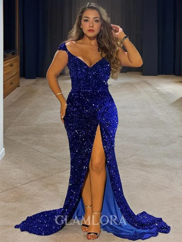 Sheath/Column V-Neck Sleeveless Glitter Sweep Train Velvet Sequins Corset Evening Dress With Slit