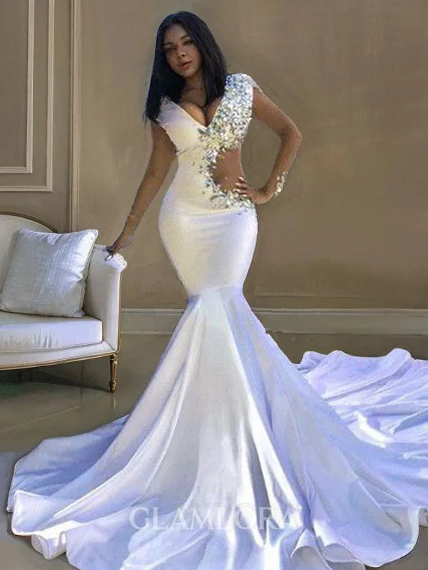 Trumpet/Mermaid V-Neck Long Sleeves Curvaceous Chapel Train Silk like Satin Evening Dress With Beading