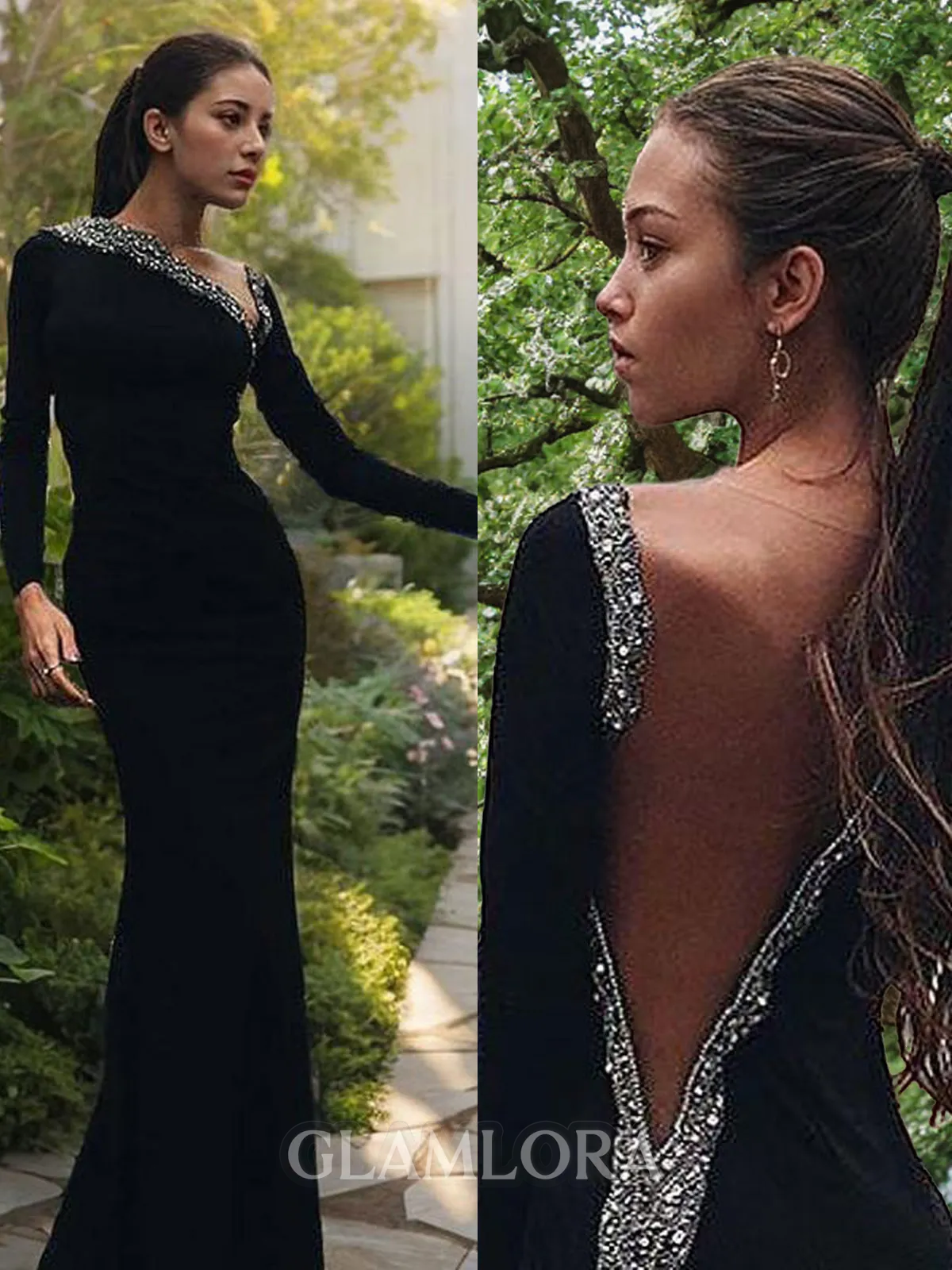 Trumpet/Mermaid One-Shoulder Seductive Long Sleeves Floor-Length Jersey Evening Dress With Beading