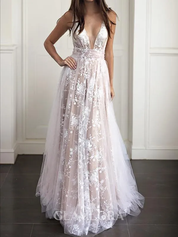 A-line V-Neck Sleeveless Floor-Length Stunning Tulle Evening Dress With Beading
