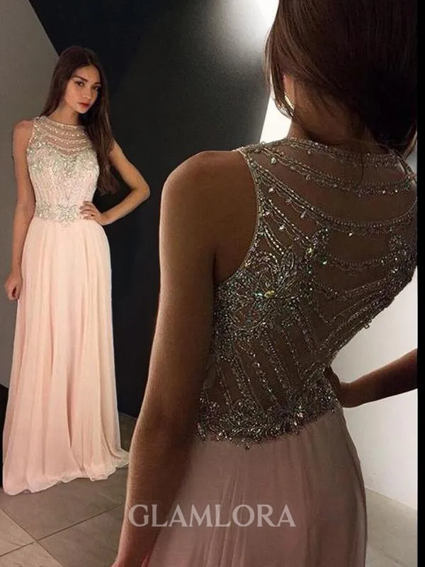 A-line Scoop Sleeveless Floor-Length Chiffon Dreamy Corset Evening Dress With Crystal