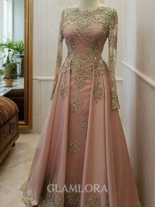 A-line Scoop Perfect Long Sleeves Floor-Length Tulle Evening Dress With Applique