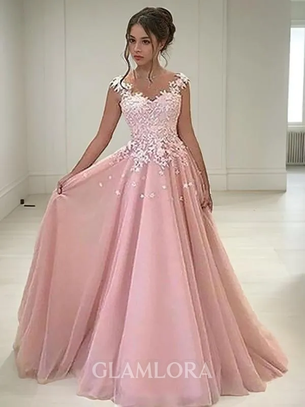 A-line Sweetheart Sleeveless Trendy Floor-Length Tulle Evening Dress With Applique