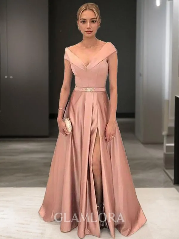 A-line Glam Off-the-Shoulder Sleeveless Floor-Length Satin Evening Dress With Slit