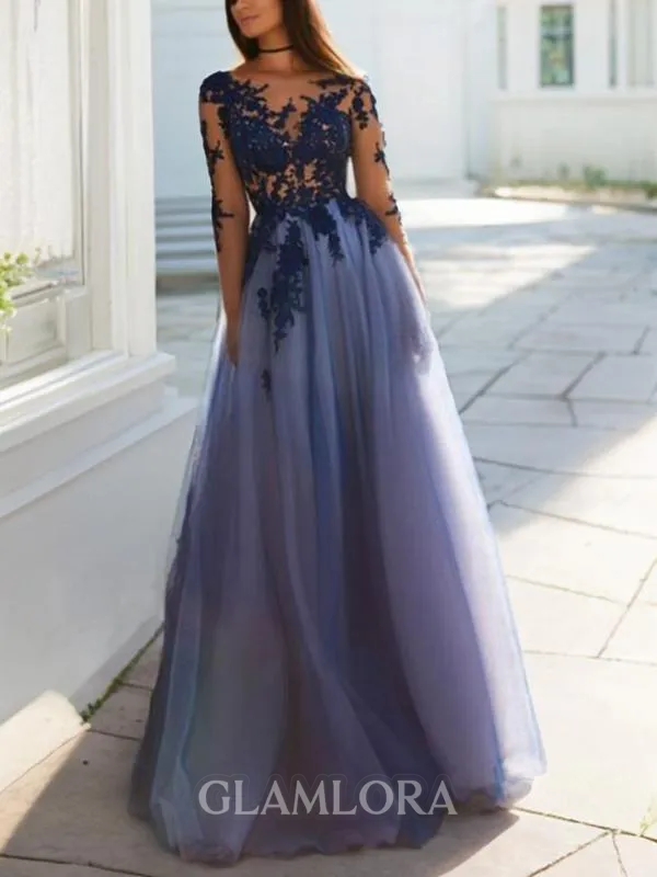 A-line Scoop Long Sleeves Unique Floor-Length Tulle Evening Dress With Applique