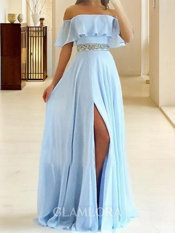A-line Off-the-Shoulder Sleeveless Floor-Length Pretty Chiffon Evening Dress With Slit