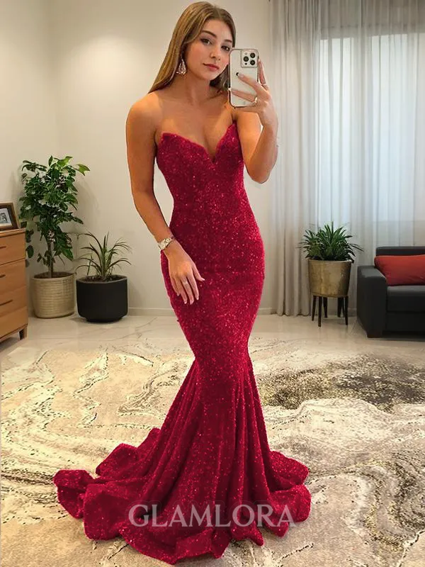 Sheath/Column Gleaming Sweetheart Sleeveless Sweep Train Velvet Sequins Corset Evening Dress