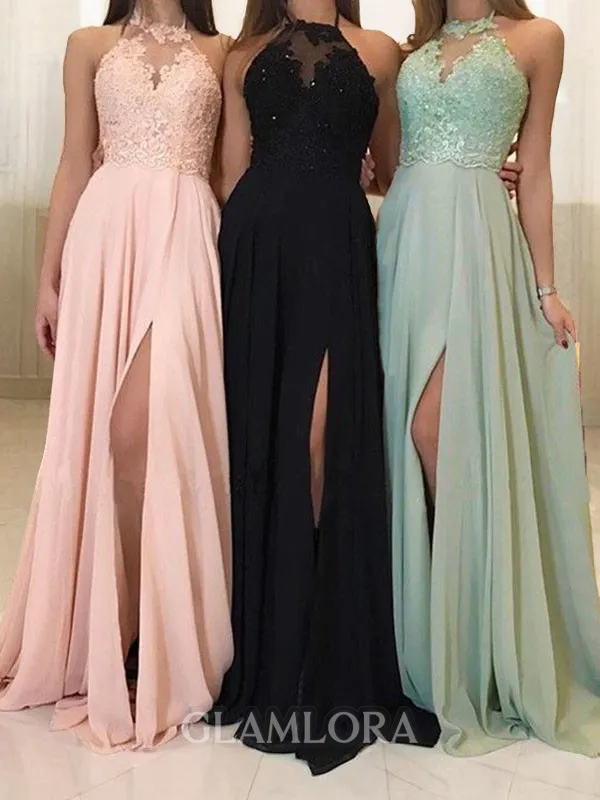 A-line Halter Sleeveless Delicate Sweep Train Chiffon Evening Dress With Slit