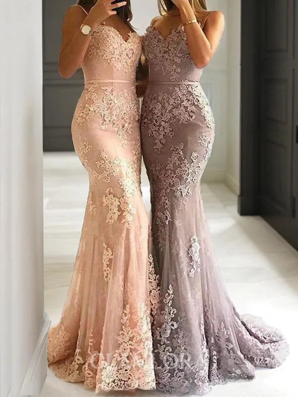 Sheath/Column Spaghetti Straps Sleeveless Sweep Train Mesmerizing Tulle Evening Dress With Lace