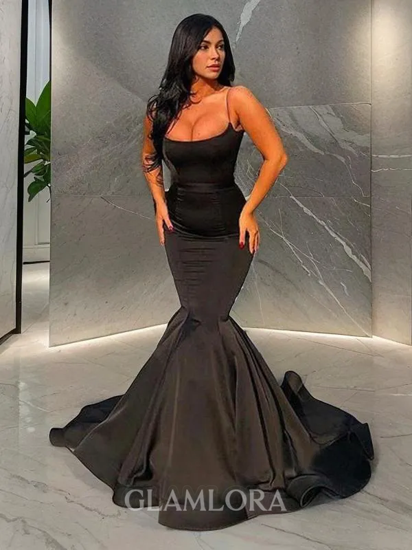 Trumpet/Mermaid Spaghetti Straps Sleeveless Sweep Train Satin Show-stopping Corset Evening Dress With Ruffles