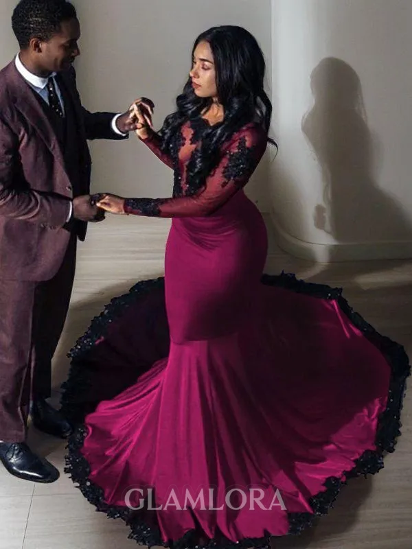 Trumpet/Mermaid Sensual Bateau Long Sleeves Sweep Train Open Back Jersey Evening Dress With Applique