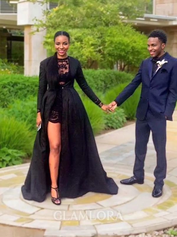 A-line Jewel Dazzling Long Sleeves Sweep Train Satin Evening Dress With Slit