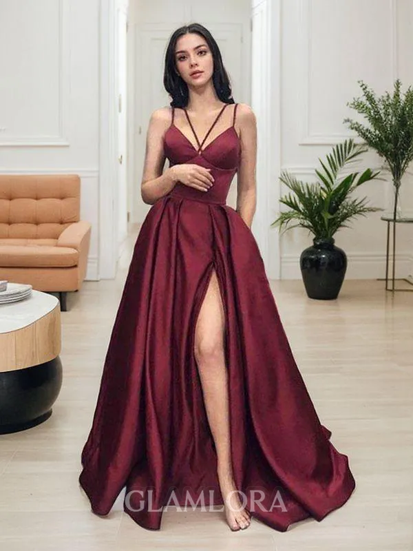 A-line Spaghetti Straps Sleeveless Sweep Train Classy Satin Evening Dress With Slit