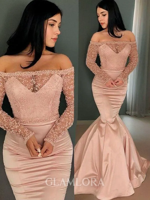 Trumpet/Mermaid Off-the-Shoulder Long Sleeves Sweep Train Satin Flair Evening Dress With Ruffles