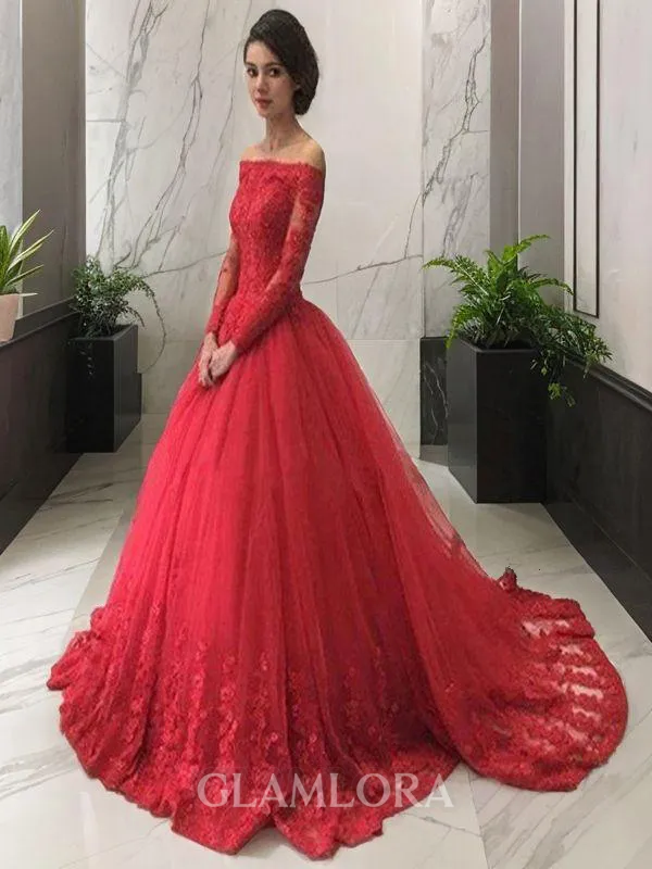 Glam Ball-Gown Off-the-Shoulder Long Sleeves Court Train Tulle Evening Dress With Lace
