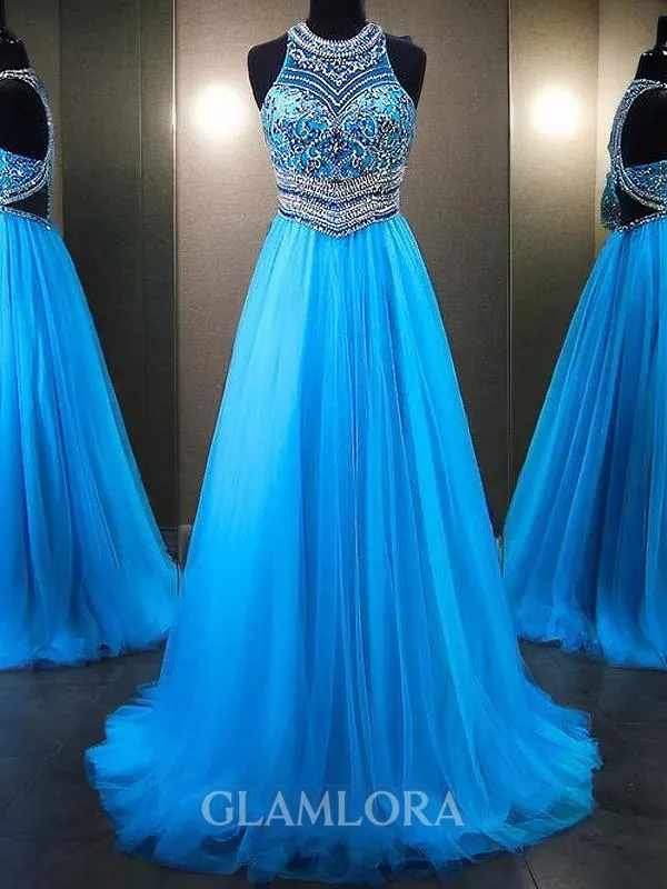 A-line Jewel Graceful Sleeveless Sweep Train Tulle Evening Dress With Beading