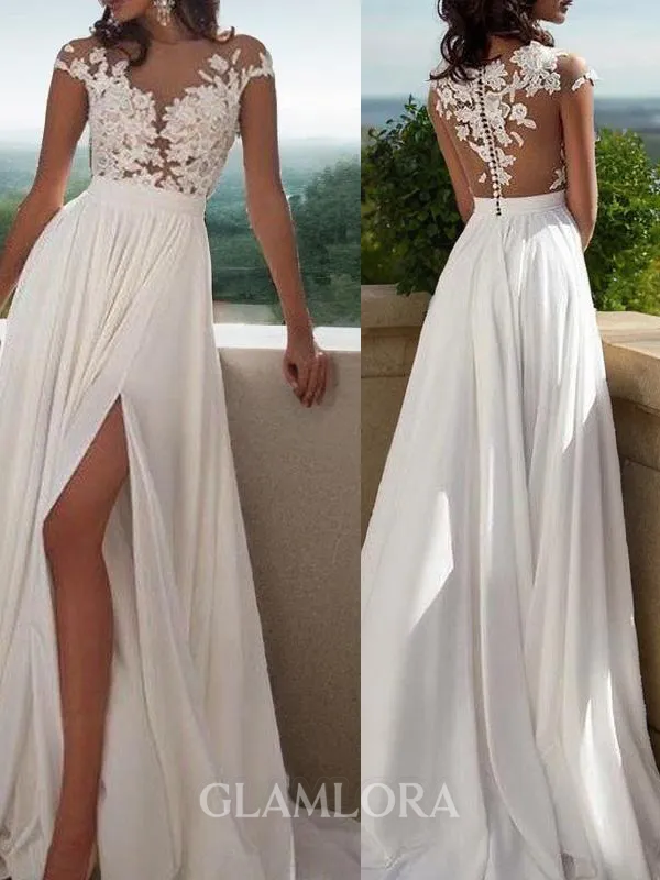 A-line Scoop Short Sleeves Elegant Sweep Train Chiffon Evening Dress With Slit