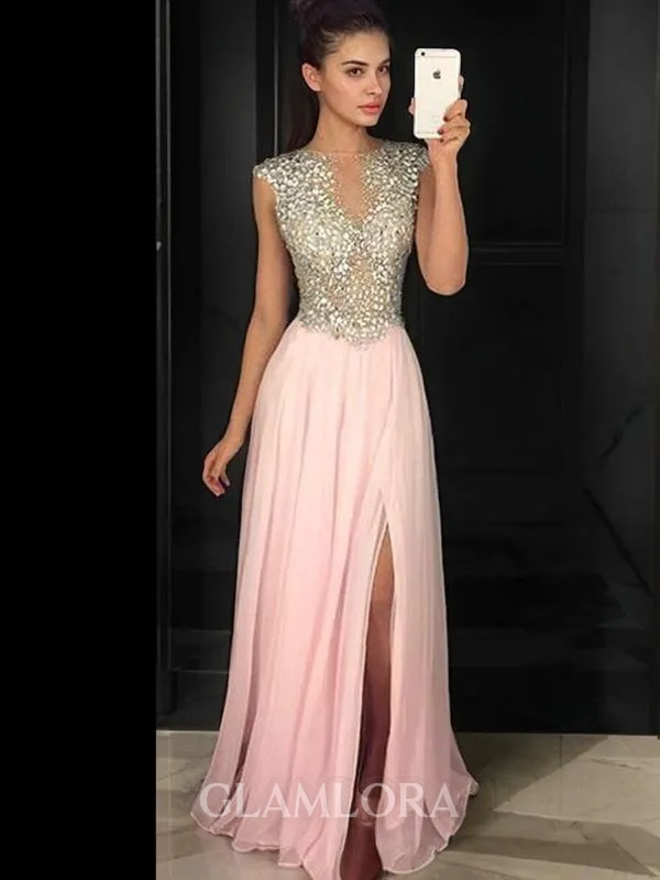 A-line Bateau Sleeveless Floor-Length Classic Chiffon Evening Dress With Slit