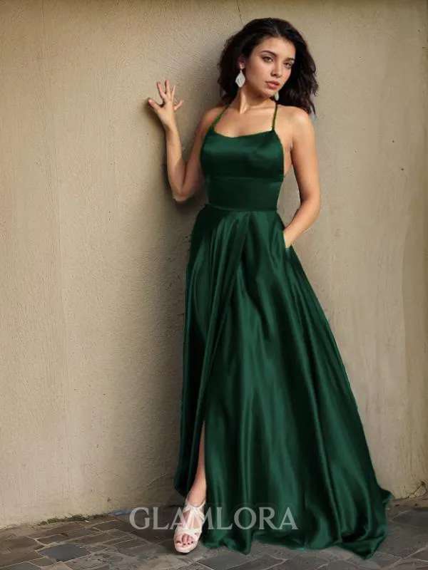 A-line Straps Sleeveless Sweep Train Silk like Satin Modest Evening Dress With Ruffles