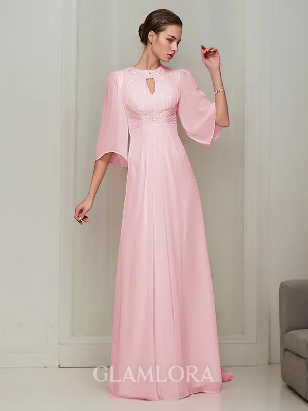 Chic A-line High Neck 1/2 Sleeves Sweep Train Chiffon Evening Dress With Beading