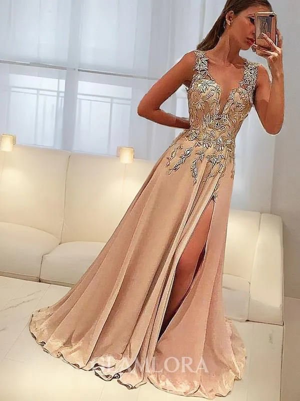 A-line V-Neck Simple Sleeveless Floor-Length Silk like Satin Evening Dress With Slit