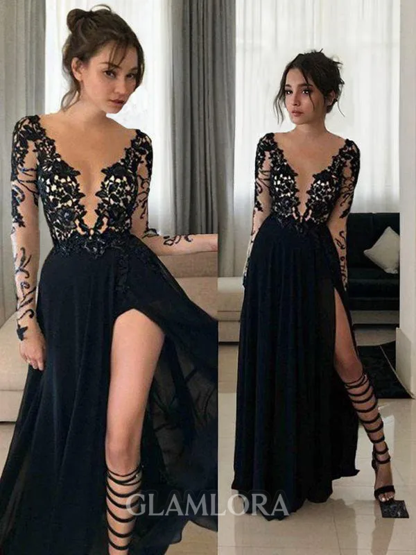 A-line Sheer Neck Long Sleeves Floor-Length Flowing Chiffon Evening Dress With Slit