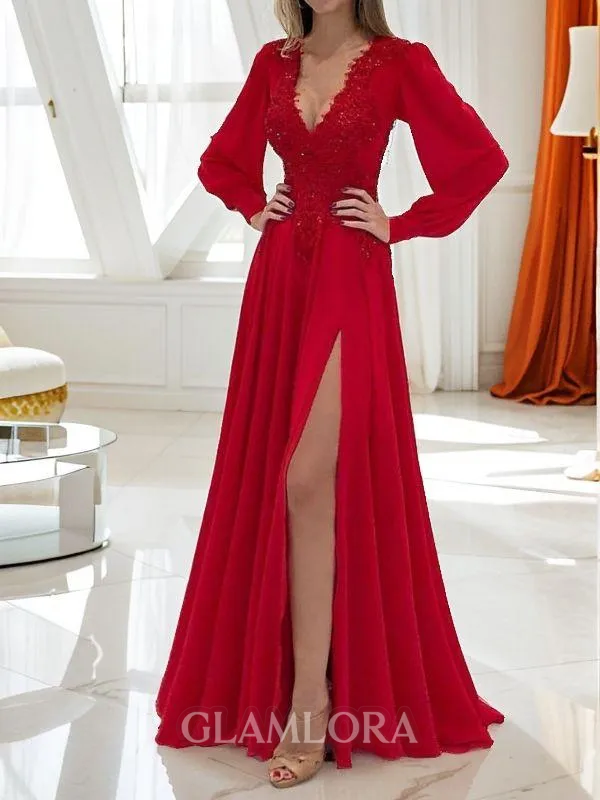 A-line V-Neck Long Sleeves Sweep Train Chiffon Feminine Evening Dress With Slit