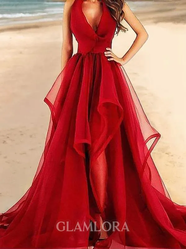 Beautiful A-line V-Neck Sleeveless Court Train Organza Evening Dress With Ruffles