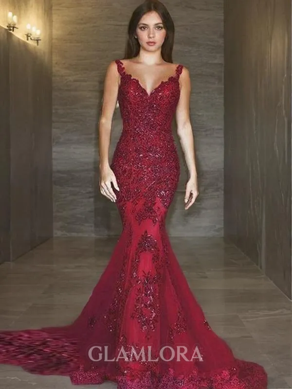 Trumpet/Mermaid V-Neck Sleeveless Sweep Train Enchanting Tulle Evening Dress With Applique