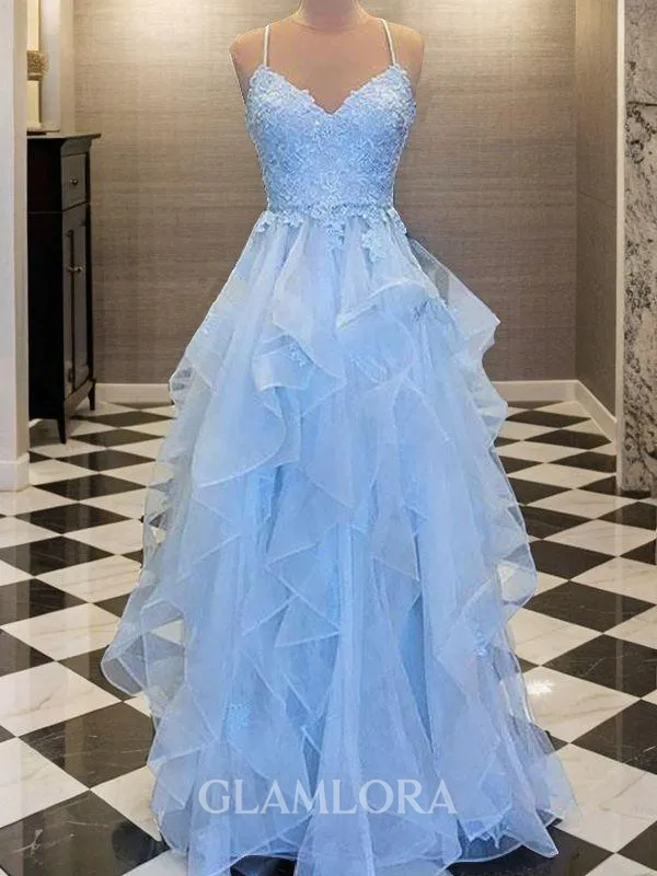 Delicate A-line Spaghetti Straps Sleeveless Floor-Length Tulle Corset Evening Dress With Applique