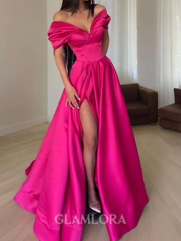 A-line Balanced Off-the-Shoulder Sleeveless Sweep Train Satin Evening Dress With Slit