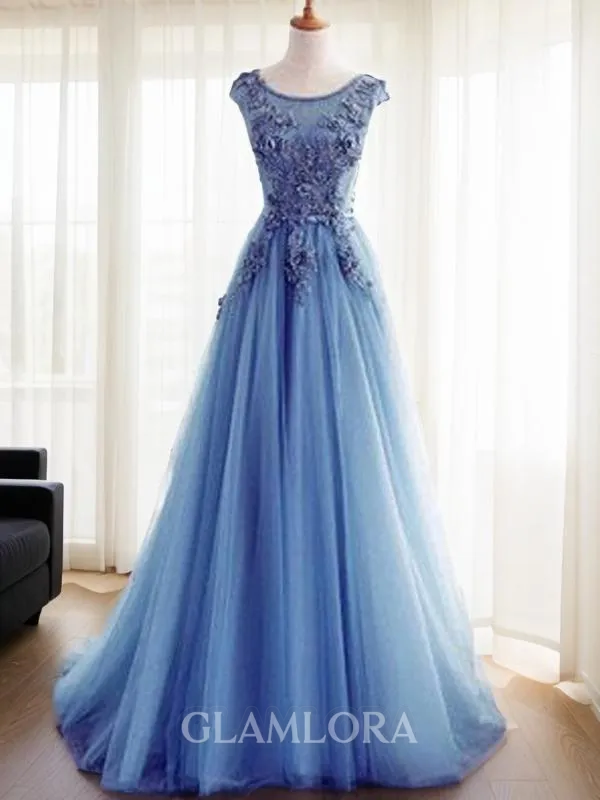 Ball-Gown Jewel Opulent Sleeveless Sweep Train Tulle Evening Dress With Applique