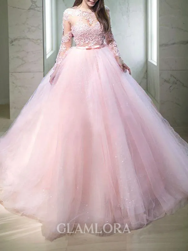 Ball-Gown Jewel Long Sleeves Sweep Train Majestic Tulle Evening Dress With Lace