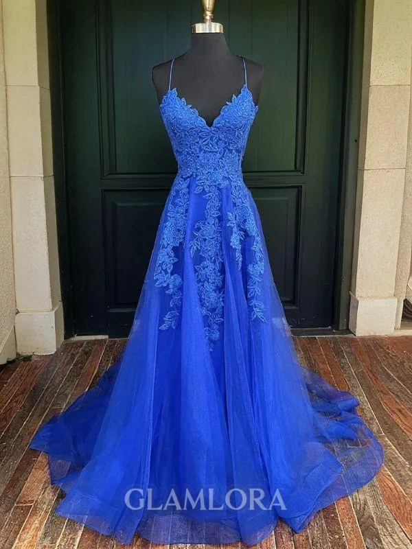 A-line V-Neck Sleeveless Sweep Train Charming Tulle Corset Evening Dress