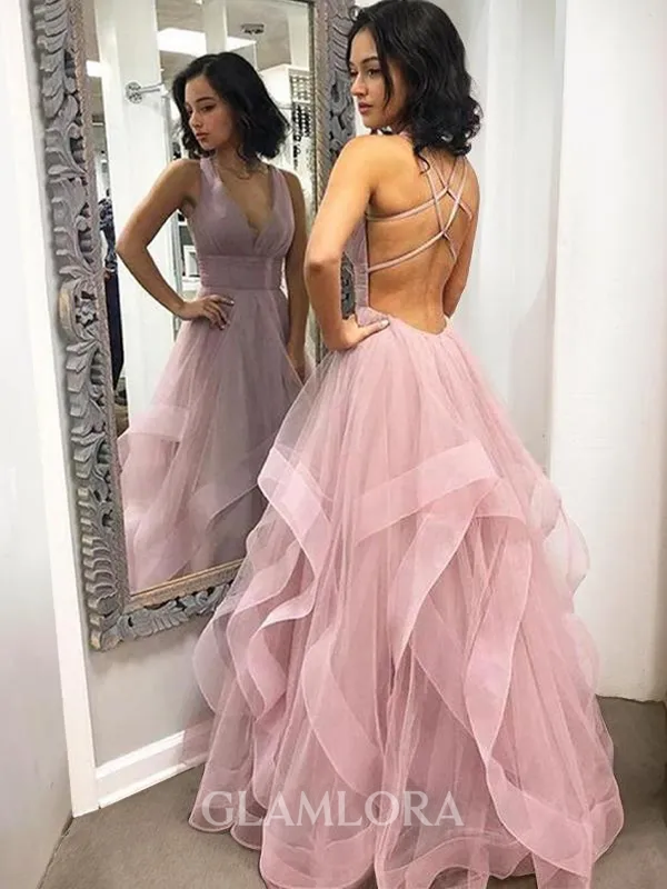 A-line V-Neck Dreamy Sleeveless Floor-Length Tulle Evening Dress With Ruffles