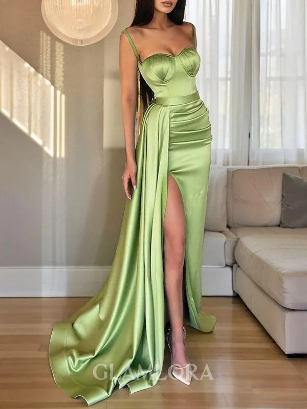Sheath/Column Sweetheart Sleeveless Sweep Train Sultry Silk like Satin Corset Evening Dress With Slit