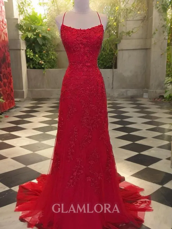 A-line Spaghetti Straps Sleeveless Sweep Train Trendy Tulle Evening Dress With Applique