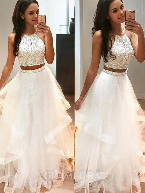 Glam A-line Halter Sleeveless Floor-Length Tulle Evening Dress With Beading