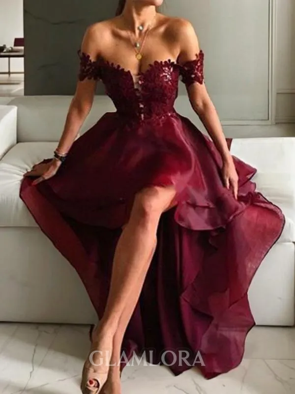 A-line Unique Off-the-Shoulder Sleeveless Asymmetrical Organza Evening Dress With Applique