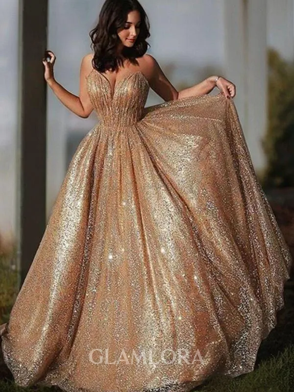 A-line Spaghetti Straps Pretty Sleeveless Court Train Open Back Tulle Evening Dress With Sequin