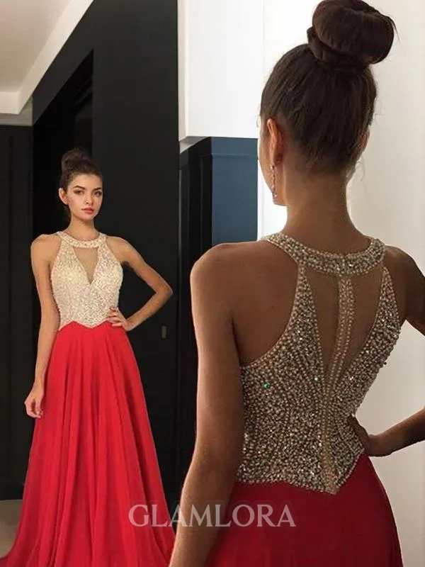 A-line Halter Sleeveless Sweep Train Charming Chiffon Evening Dress With Beading