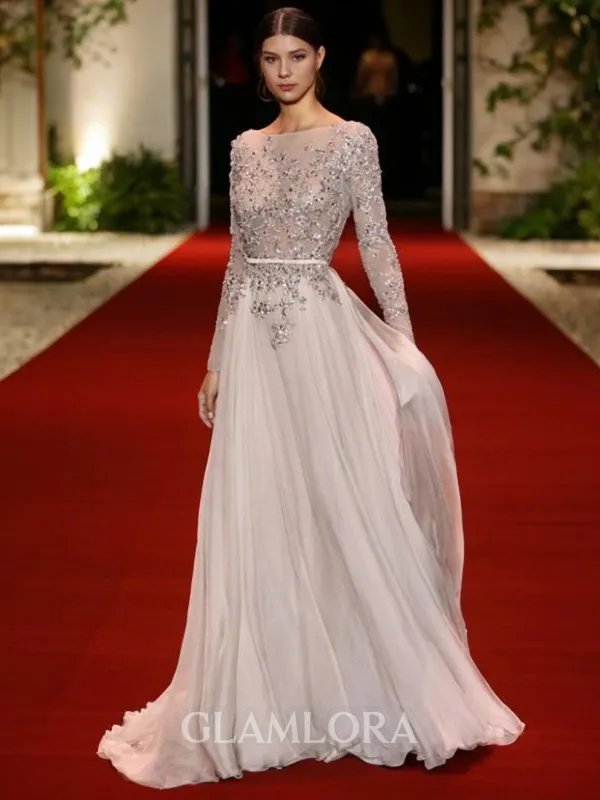 A-line High Neck Long Sleeves Sweep Train Open Back Delicate 30D Chiffon Evening Dress With Applique