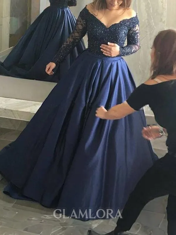 Ball-Gown Graceful Off-the-Shoulder Long Sleeves Sweep Train Satin Evening Dress With Beading