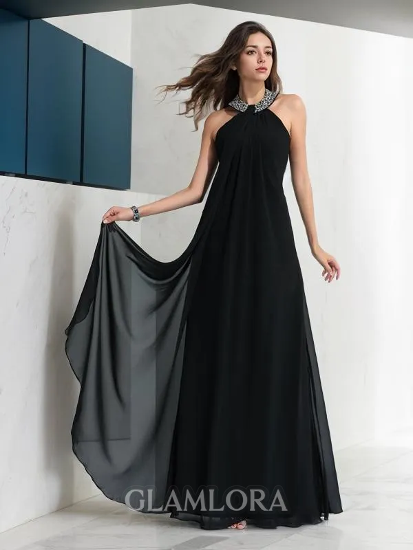A-line Halter Exquisite Sleeveless Floor-Length Chiffon Evening Dress With Beading