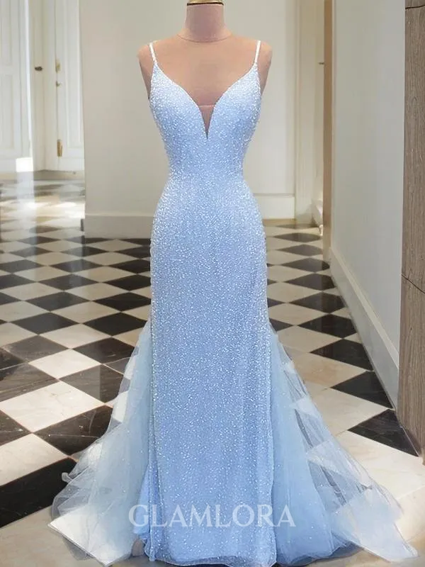 Sheath/Column Spaghetti Straps Sleeveless Perfect Sweep Train Tulle Evening Dress With Sequin