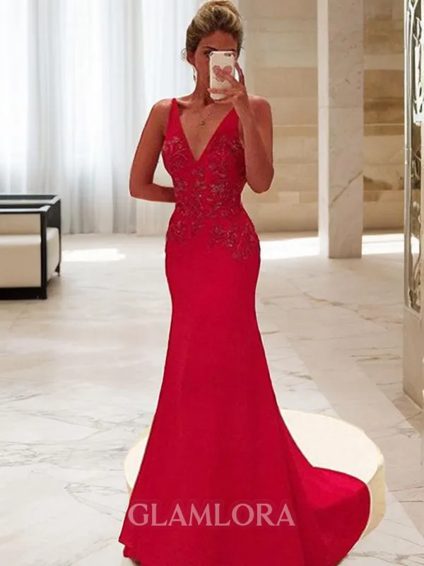 Sheath/Column V-Neck Sleeveless Sweep Train Clingy Stretch Crepe Evening Dress With Applique