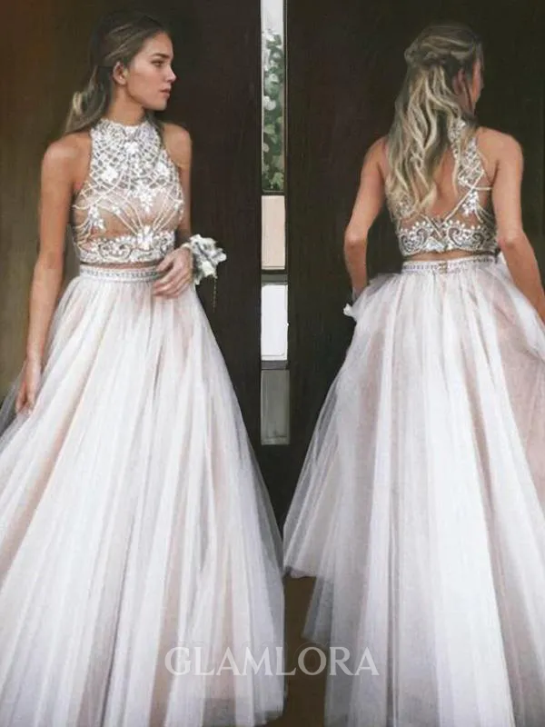 A-line High Neck Dazzling Sleeveless Floor-Length Tulle Evening Dress With Beading