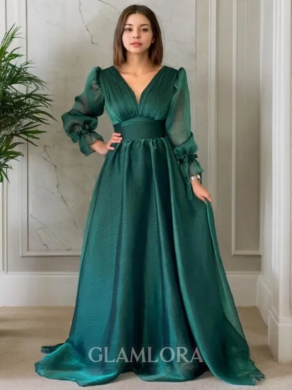 A-line V-Neck Long Sleeves Classy Sweep Train Organza Evening Dress