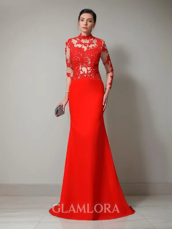 Trumpet/Mermaid High Neck Long Sleeves Sweep Train Fitted Chiffon Evening Dress With Applique